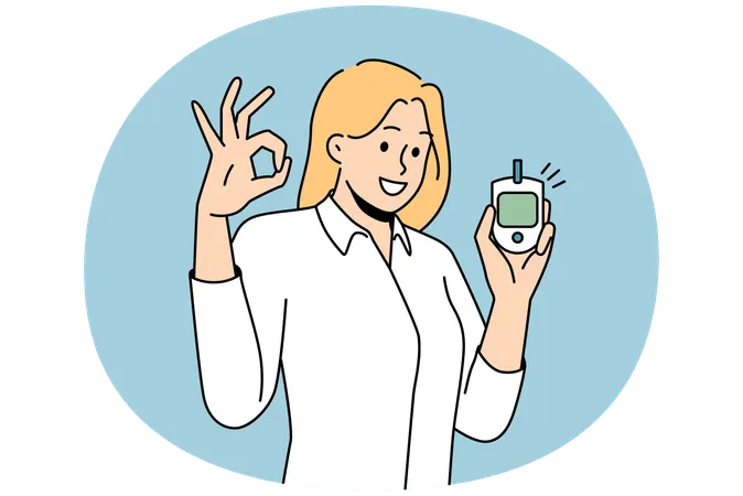 Smiling woman hold blood test monitor show ok  Illustration