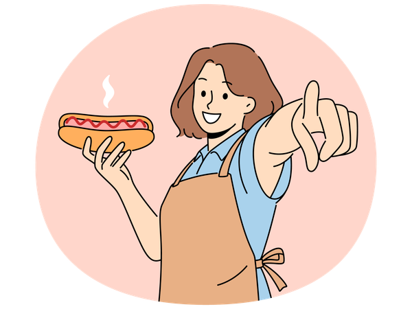 Smiling woman hold hot dog point at screen  Illustration