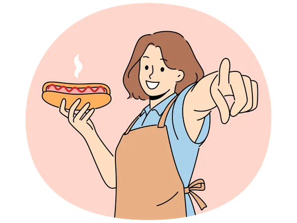 Smiling woman hold hot dog point at screen  Illustration