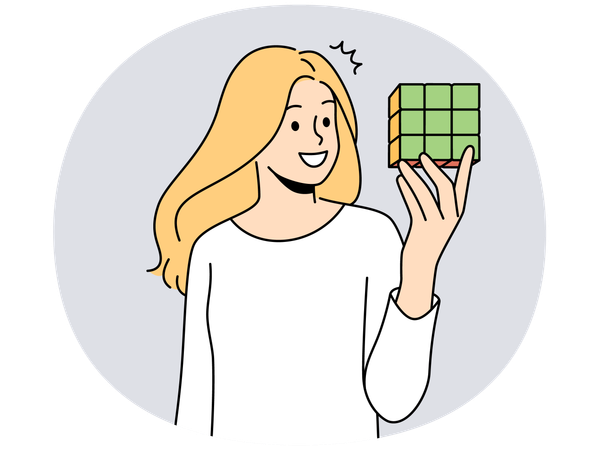 Smiling woman hold rubik cube  Illustration