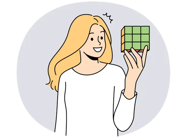 Smiling woman hold rubik cube  Illustration