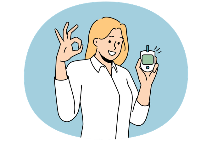 Smiling woman holding blood test monitor showing ok gesture  Illustration