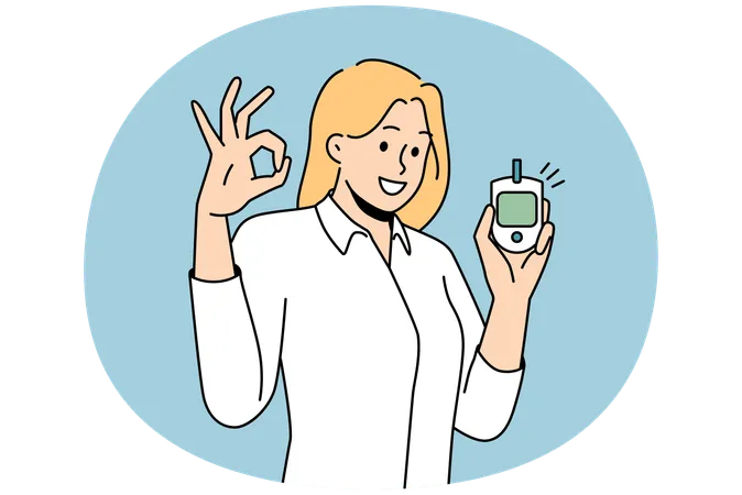 Smiling woman holding blood test monitor showing ok gesture  Illustration