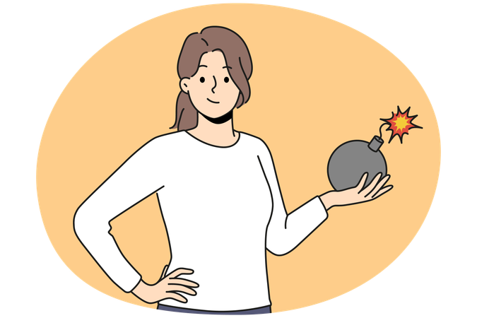 Smiling woman holding bomb in hands  Illustration