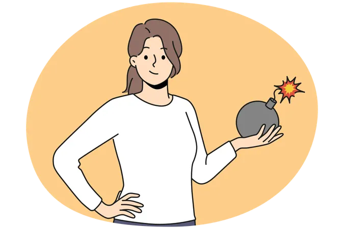 Smiling woman holding bomb in hands  Illustration