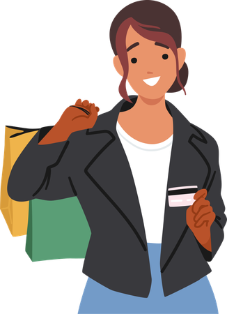 Smiling Woman Holding Credit Card And Shopping Bags  Illustration