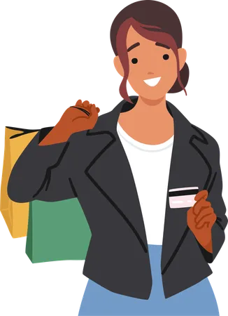 Smiling Woman Holding Credit Card And Shopping Bags  Illustration