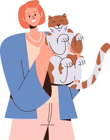 Smiling woman holding cute cat in arms  Illustration