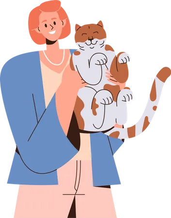 Smiling woman holding cute cat in arms  Illustration