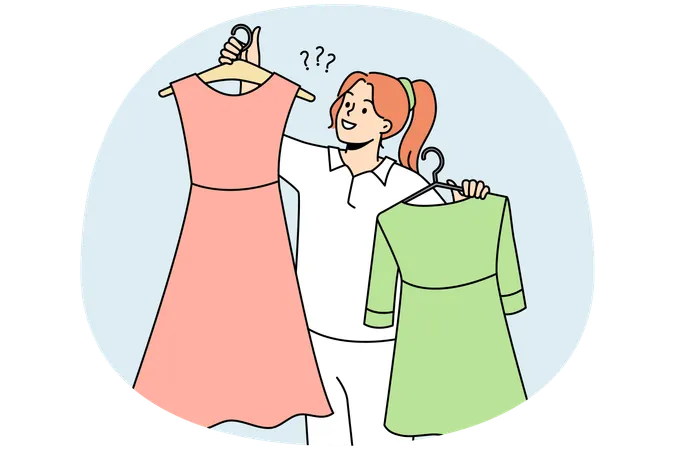 Smiling woman holding dresses on hangers choosing garment in shop  Illustration