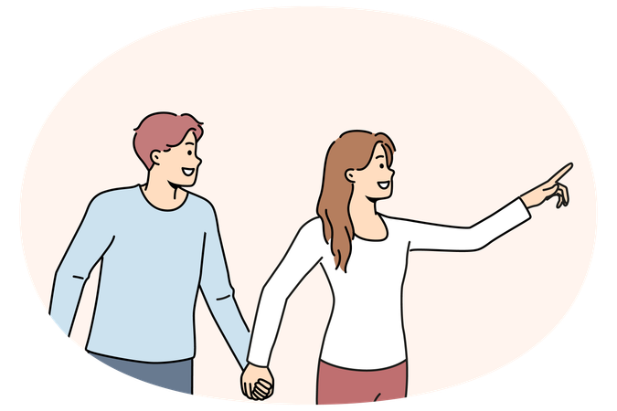 Smiling woman holding man by hand pointing forward  Illustration