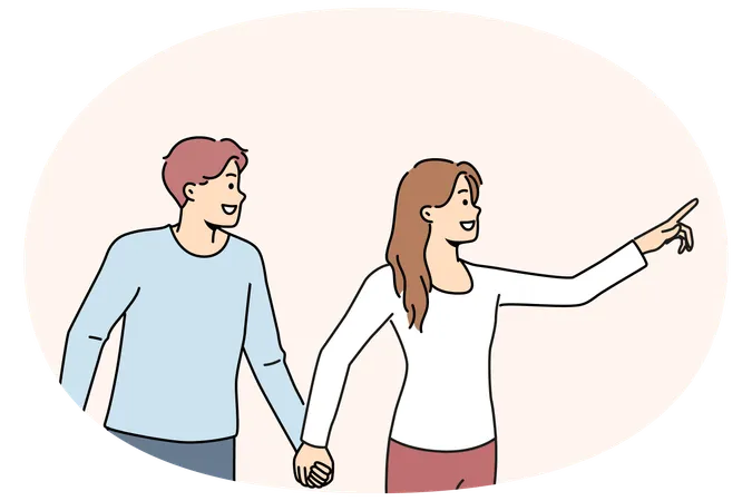 Smiling woman holding man by hand pointing forward  Illustration
