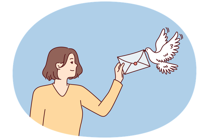 Smiling woman holds out envelope to pigeon to deliver message to boyfriend  Illustration