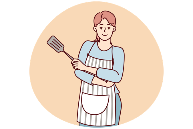 Smiling woman housewife in apron stands with arms crossed with spatula for cooking  Illustration
