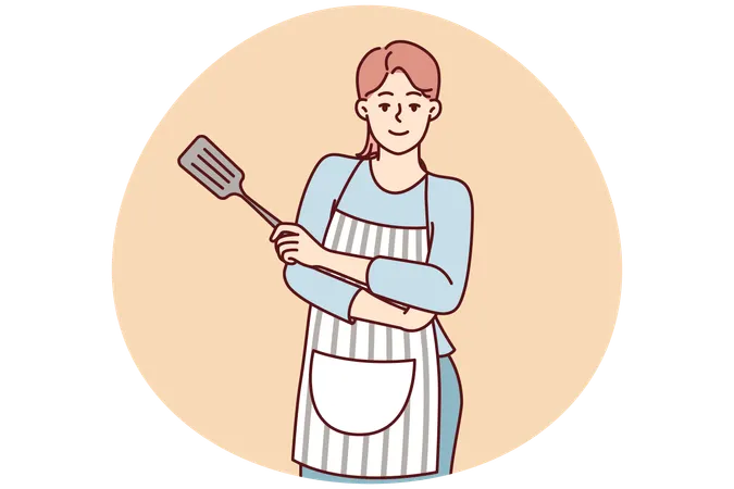 Smiling woman housewife in apron stands with arms crossed with spatula for cooking  Illustration