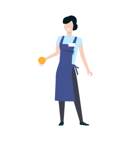Smiling woman in blue apron with orange fruit in hand standing  일러스트레이션