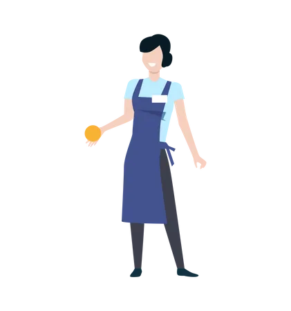 Shop Assistant Or Seller Character Vector Template Flat Design Smiling Woman In Blue Apron With Orange Fruit In Hand Standing On White Background Grocery Shop Supermarket Mall Personnel Illustration