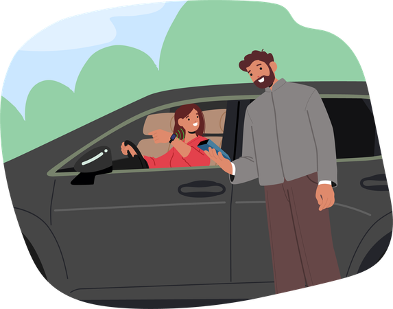 Smiling Woman In  Car  Making  Contactless Payment With Her Phone  Illustration