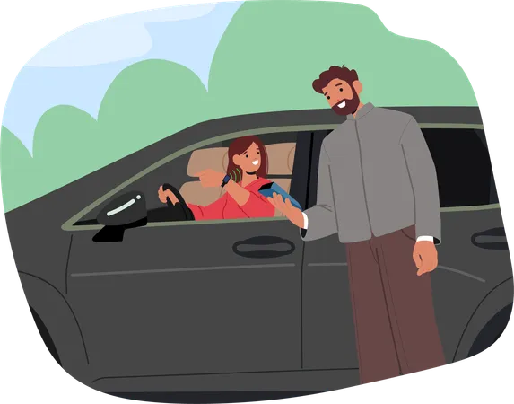 Smiling Woman In  Car  Making  Contactless Payment With Her Phone  Illustration