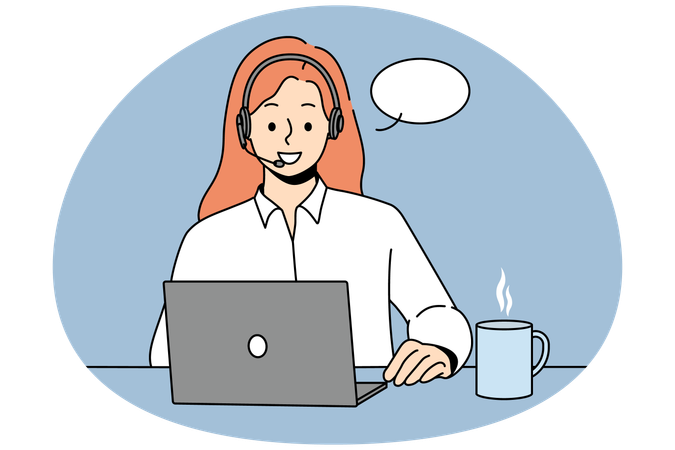 Smiling woman in headset sitting at desk talk on video call on on laptop  Illustration
