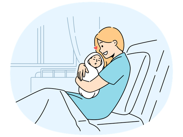 Smiling woman in hospital bed with newborn baby  Illustration