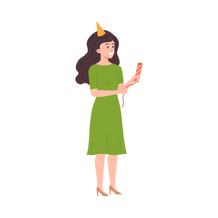 Smiling woman in party hat holding firecracker or flapper  Illustration