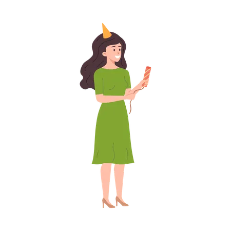 Smiling woman in party hat holding firecracker or flapper  Illustration