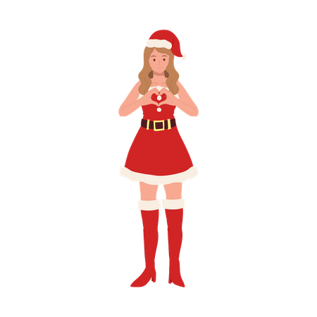 Smiling Woman in Santa Claus Costume making heart shape  イラスト