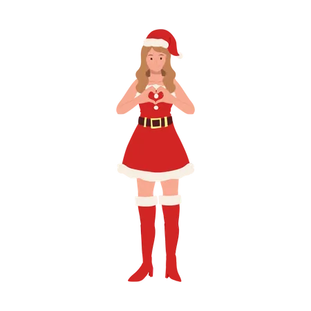 Smiling Woman in Santa Claus Costume making heart shape  イラスト