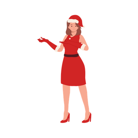 Smiling Woman in Santa Claus Costume standing and showing something left  일러스트레이션