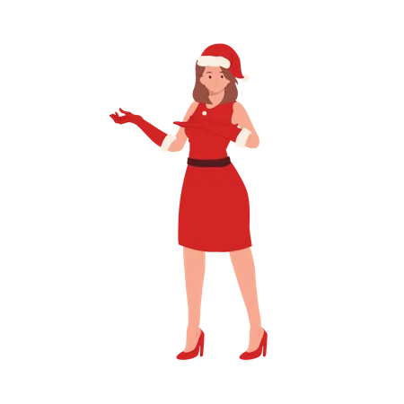 Smiling Woman in Santa Claus Costume standing and showing something left  Illustration