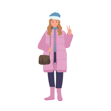 Happy Woman In Winter Costume Smiling Woman In Stylish Winter Outfit 일러스트레이션