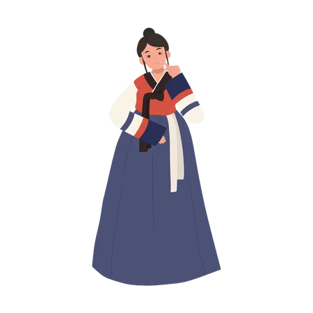 Smiling woman in traditional korean costume hanbok with mini heart hand pose  Illustration