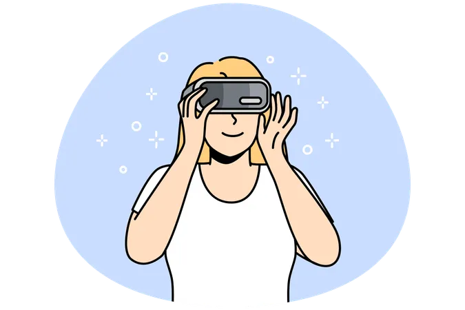 Smiling woman in VR glasses explore new horizons  Illustration