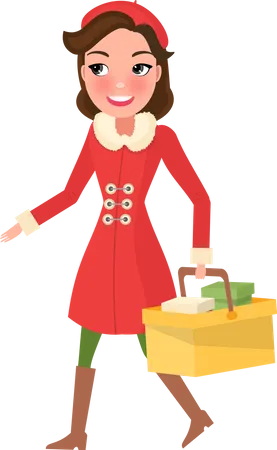 Smiling Woman In Warm Coat Buying Presents On Christmas Girl With Color Packages Hold Cart With Presents In Hands Gifts From Sale Discounts Vector Illustration