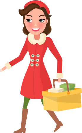 Smiling Woman in Warm Coat Buying Presents on Xmas  Illustration