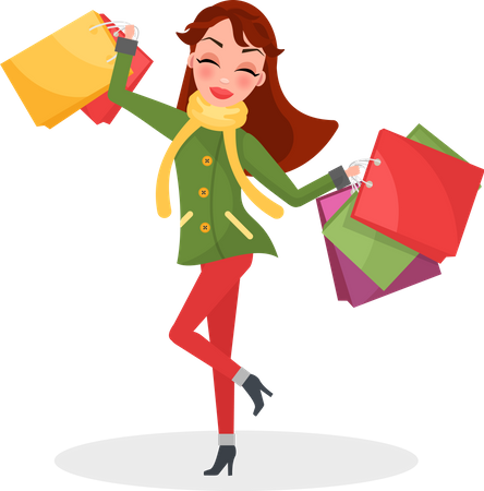 Smiling Woman in warm coat is happy with her shopping  Illustration
