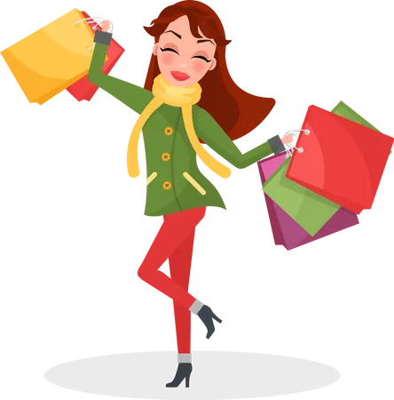 Smiling Woman In Warm Coat And Green Trousers Bought Presents On Christmas Girl With Color Packages Hold Bags In Hands Gifts From Sale Discounts Vector Illustration