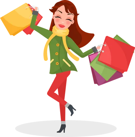 Smiling Woman in warm coat is happy with her shopping  Illustration