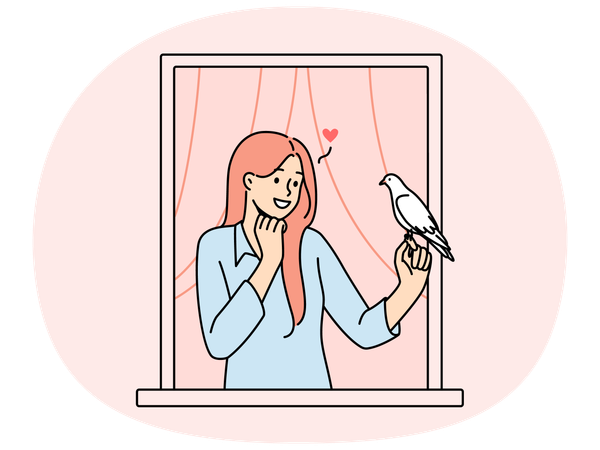 Smiling woman in window send letter with pigeon  Illustration