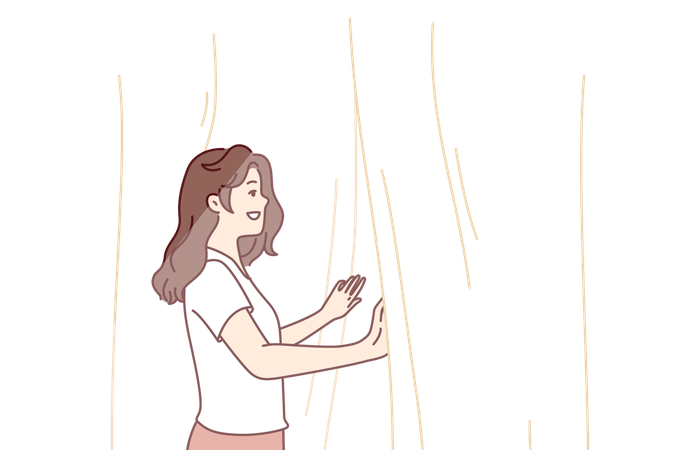 Smiling woman is opening room curtains  Illustration