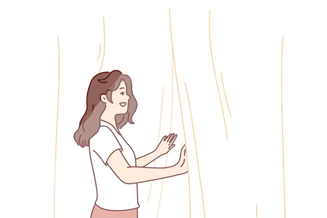 Smiling woman is opening room curtains  イラスト