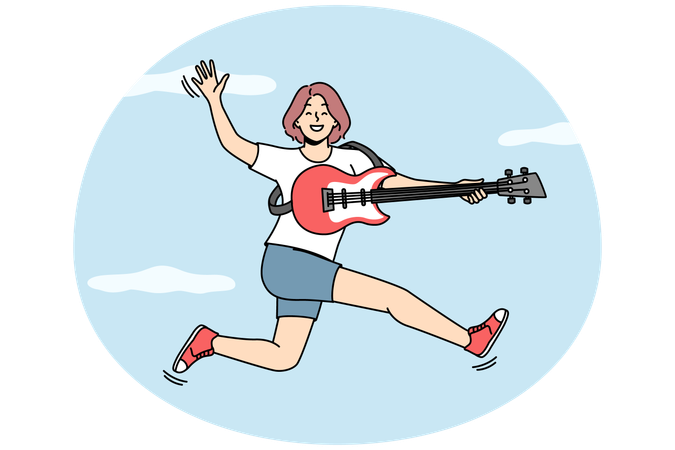 Smiling woman jump playing on guitar  Illustration