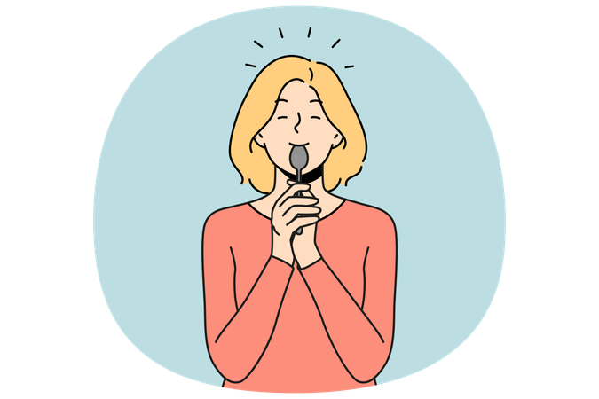 Smiling woman lick spoon after tasty food  Illustration