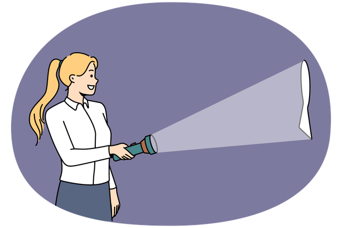 Smiling woman lightening keyhole with lamp  Illustration