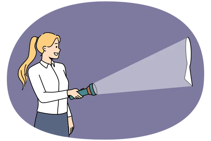 Smiling woman lightening keyhole with lamp  Illustration