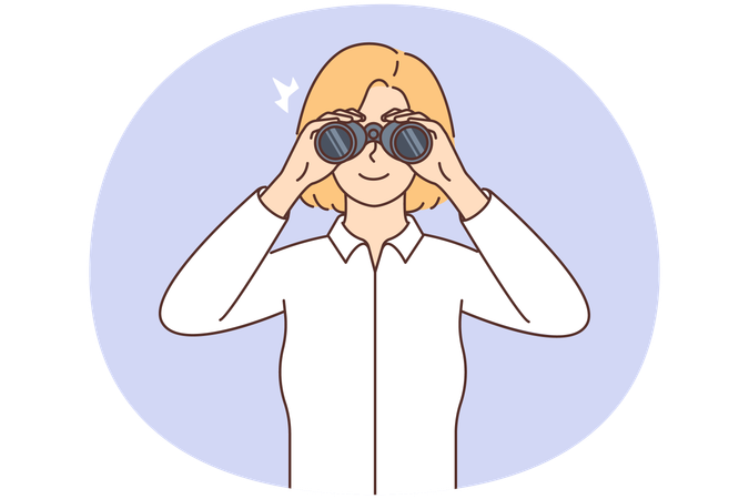 Smiling woman looking in binoculars explore new opportunities  Illustration
