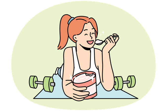 Smiling woman lying on fitness mat eating ice cream  Illustration