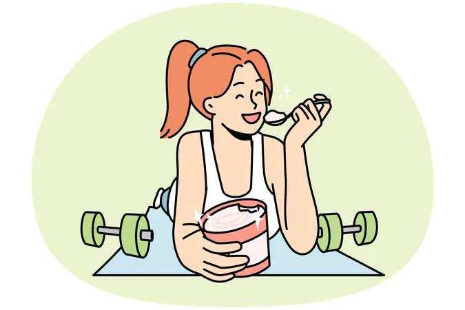 Smiling woman lying on fitness mat eating ice cream  Illustration