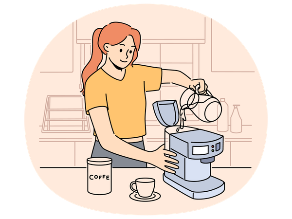 Smiling woman making coffee in machine  Illustration